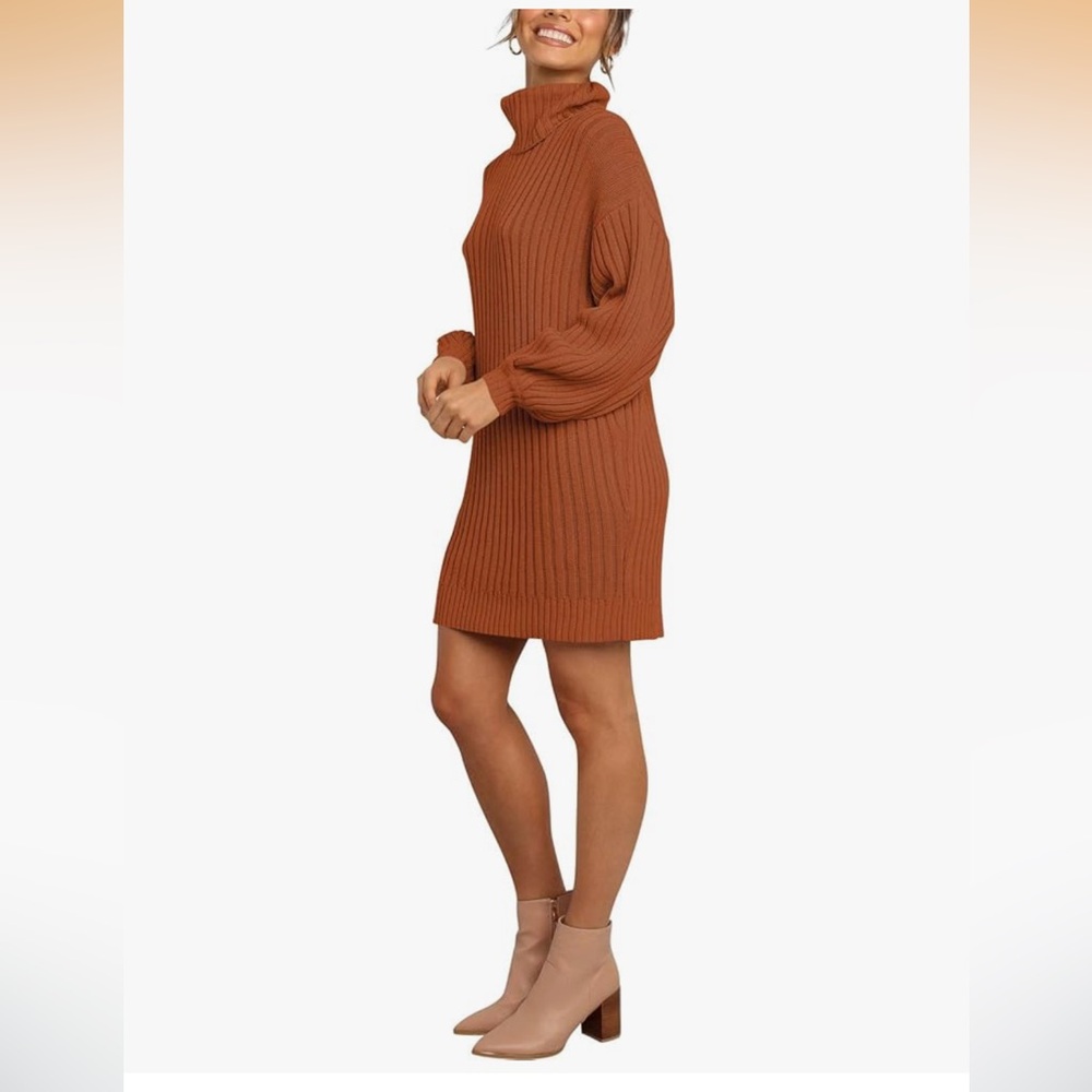 Rust Ribbed Turtleneck Sweater Dress - Picture 2 of 2